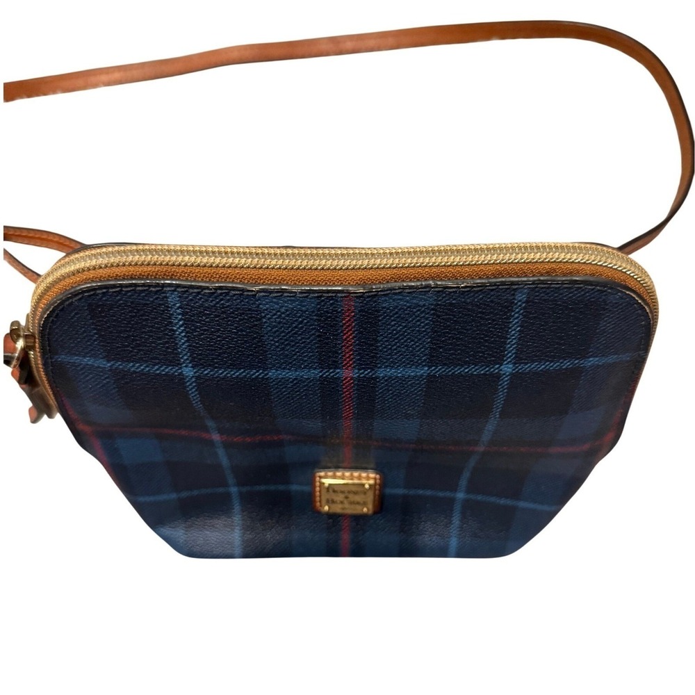 Dooney & Bourke Navy Blue Red‎ Plaid Coated Canvas Crossbody Bag Leather Trim - Picture 2 of 16